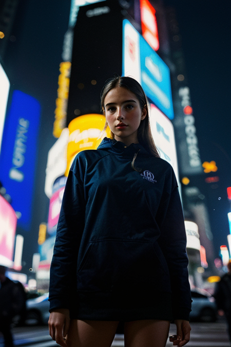 BrooksBaldwin, ((detailed face, Times Square background, detailed background, cyberpunk, shadow, dramatic lighting, by Bill Sienkiewicz, bokeh, night, midnight, darkness))