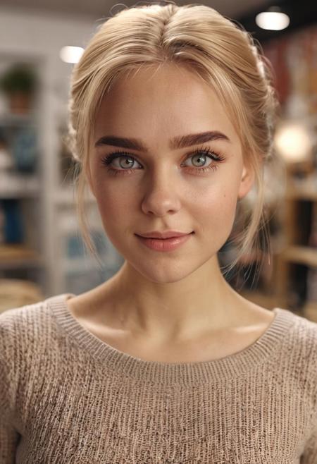 1girl, half-polish, slavic, anglo, portrait, headshot, cute model, Long thick Maxi Skirt, Knit tube top, swept back hair, alluring smile, working at a clothing store, perfect eyes, highly detailed beautiful expressive eyes, detailed eyes, 35mm photograph, film, bokeh, professional, 4k, highly detailed dynamic lighting, photorealistic, 8k, raw, rich, intricate details, identical iris, blonde hair