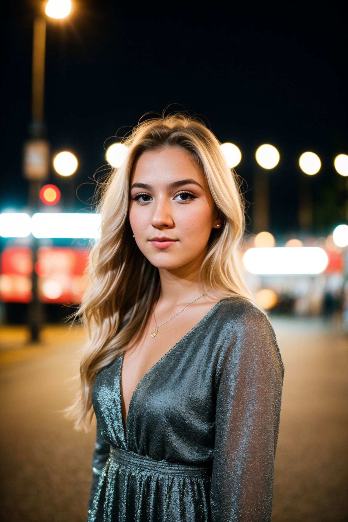 Blond Woman in a Low-Cut Dress at Night