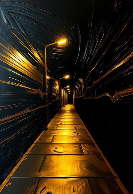 A hyper-stylistic, extremely detailed image depicts a breathtaking painting, crafted from a combination of smeared black and gold metallic paint. An empty sidewalk and a lone street light at night is captured in a streaked motion, as if it is moving rapidly in one direction. The black paint is applied in bold, dynamic strokes, creating a sense of energy and movement that is contrasted beautifully by the golden accents. The gold paint is used to highlight the sidewalk and street lights features, adding a sense of depth and dimensionality to the image. The overall effect is one of breathtaking, surreal dynamism, as if the viewer has captured a fleeting moment in time. Every detail of the image is meticulously crafted, from the delicate, swirling patterns of the gold paint to the intricate, textured patterns of the black paint. The contrasts between light and dark, color and texture, create a sense of tension and energy that draws the viewer in, inviting them to explore the kinetic world of the painting. highest-Quality, intricate details, visually stunning, Masterpiece