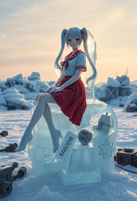 A breathtaking ice sculpture in a vast post-apocalyptic wasteland, featuring an anime schoolgirl carved from pristine, translucent ice with crystalline clarity. The figure sits gracefully on a frozen industrial debris, one long, elegant leg extended, the transparent ice capturing the ethereal beauty of her porcelain-like skin. Her traditional Japanese sailor uniform with white top and red pleated skirt appears frozen in time, with delicate ice crystals forming along the edges. Her long gray-blue twin tails, tied with red ribbons, seem to float in a perpetual winter breeze, while her red eyes are crafted from specially colored ice that catches the light dramatically. The surrounding environment is a haunting frozen wasteland, with mountains of frost-covered gas masks, iced-over biohazard containers, and vintage electronics entombed in layers of ice and snow. Rusted Fujifilm containers and mechanical debris peek through the crystalline formations. The entire scene is illuminated by a cold, bluish light that refracts through the ice sculpture, creating rainbow prisms and ethereal light patterns. Steam rises from patches of ground, adding an eerie atmosphere to the frozen apocalyptic scene. Photorealistic ice textures with subsurface light scattering, 8K resolution, cinematic lighting with emphasis on translucency and reflection, shallow depth of field focusing on the ice figure.