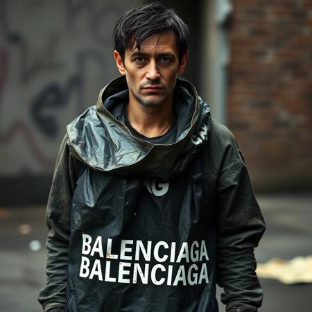 a dirty person, with ruined clothes, with a "BALENCIAGA" brand garbage bag, the clothes are also "BALENCIAGA" brand.
The person has a snobbish look, as if he were above others