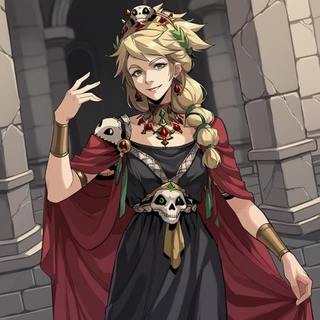 persephone_hades green eyes, blonde hair, braided ponytail, greek clothes, hair flower, white dress,  greek clothes, skull crown, black dress, red cape, gold accents, jewellery