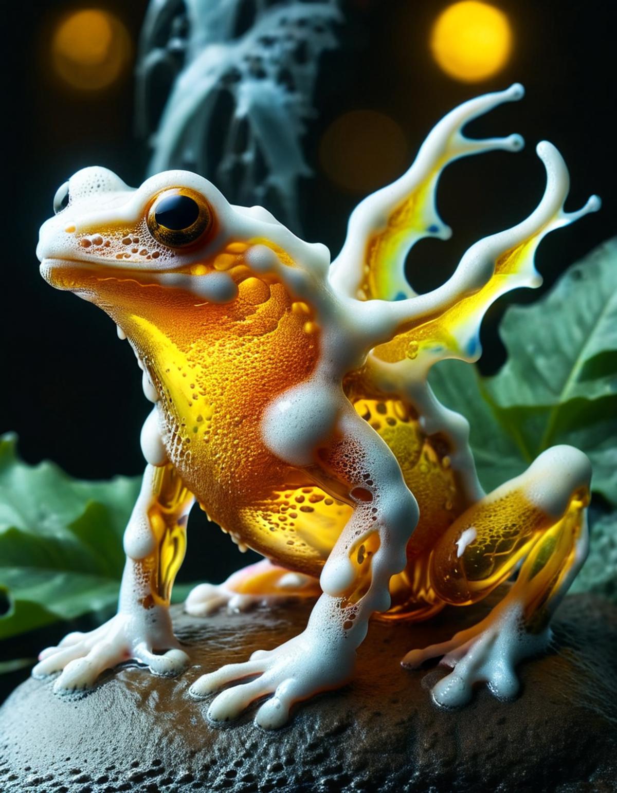Frothy, shiny, glass frog on a rock.