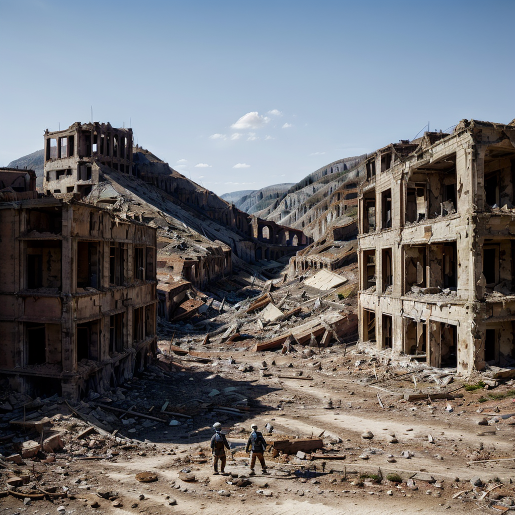 ruinedarchi, ruined building, photorealistic, ruins, sunny, <lora:ruinedarchi:0.6>, low contrast, symmetrical composition, valley, hillside, people are in the middle