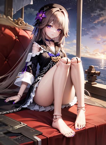 masterpiece, best quality, ultra-detailed, illustration, 1girl, solo,  <lora:herta_v11h:0.8> , herta /(honkai star rail/), grey hair, long hair, purple eyes, doll joints, small breasts, purple hair flower, beret, single earring, choker, collarbone, purple nails, hertadress, black jacket, long sleeves, purple ribbon, frills, white dress, checkered dress, tailcoat, barefoot, toes, ful body