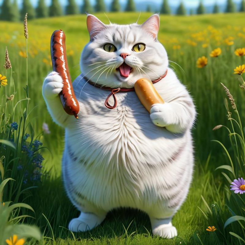 A cartoon cat holding a hot dog and a bun in its paws while standing in a field of flowers.