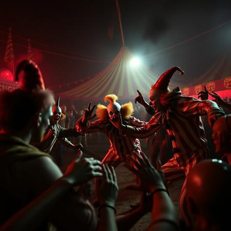 In a circus a group of crazy maniac clowns fighting with a crowd of zombies in the night