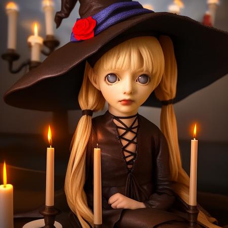 1girl, witch_hat, lolita_fashion, twintails, on_side, black_rose, candle, photofied