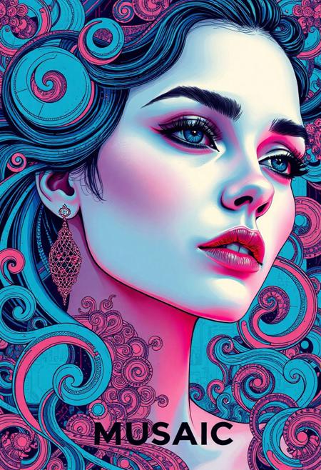 high quality design aesthetics, synth pop, detailed, pop album cover, beautiful young white woman, artist name "Musaic", intricate swirls, patterns