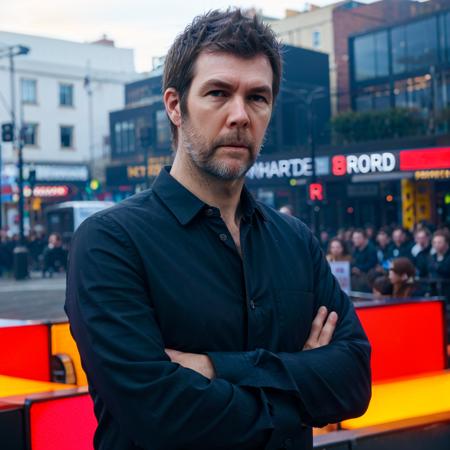 <lora:RhodGilbert:1> rhod gilbert. man with beard standing, on stage, portrait, face, black shirt