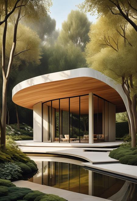 A quiet garden pavilion floats within gestural brushwork, trees and textures melting into the structure’s minimal form, expressive landscape painting meets organic architectural minimalism, gestural abstraction fused with fluid structural form, atmospheric textures with flowing geometric rhythm, emotional environments blending built and natural elements, earthy painterly tones with light-filled modern design, poetic solitude in abstracted urban space, textured brushwork meets conceptual transparency, spontaneous composition with architectural precision, moody impressionism merged with soft, curved spatial design, memory-driven spaces with contemporary lightness, meditative tone, natural form in structural abstraction