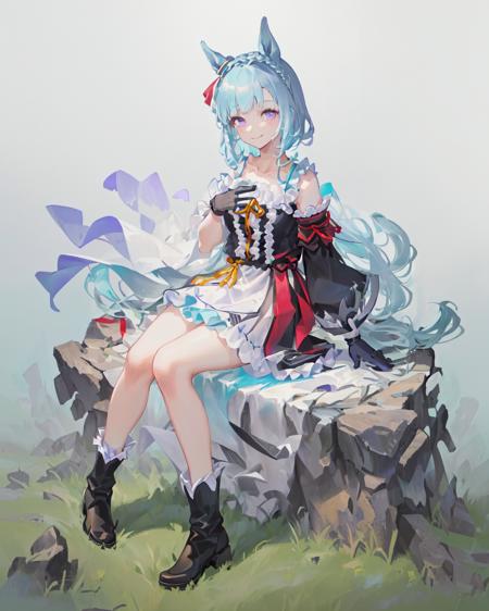 SFW, (grassland), outdoors
mejiro_ardan_SF, 1girl, (solo), horse_ear, horse_tail,light smile, full body
(long hair), (light_blue_hair), purple_eyes, hair ornament, collarbone, (black and whtie frilled dress), center frills, hemline, (uneven sleeves:1.2),detached sleeves, puffy sleeves, [short sleeves:long sleeves:0.2], (uneven gloves:1.2), (one hand wears black glove and the other one wears white glove),  (uneven_boots:1.2), (ankle boots), (uneven legwear:1.2)