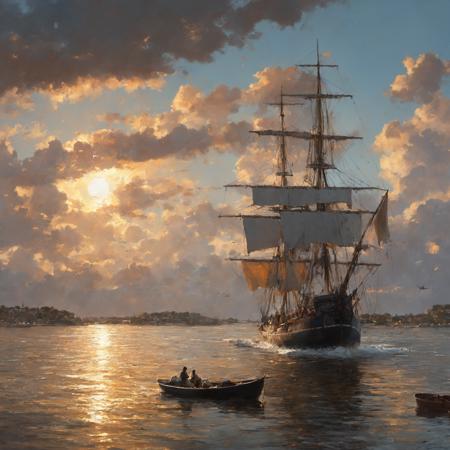 masterpiece, best quality, greg rutkowski, 

no humans, scenery, watercraft, cloud, sky, ship, outdoors, water, sun, cloudy sky, sunset, ocean, boat, building

, very detailed, high resolution, sharp, sharp image, 4k, 8k,