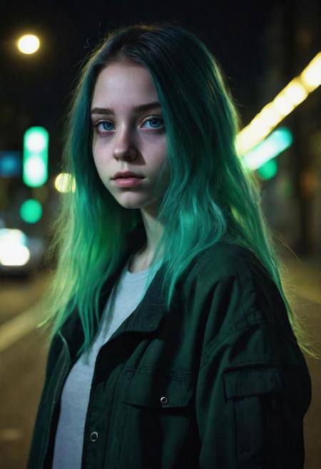 18-year old girl with long green ombre hair, light blue eyes, in black top and dark green jacket standing on empty street illuminated with pale green light at dark night, realistic photo, 8k, sci-fi concept art