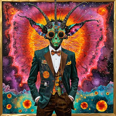 egon schiele and Gustav Klimt painting, of an ancient alien star eyed figure, with cyber antenna horns, in an elegant mythic suit embroidered with elaborate Art Nouveau flourishes, emerging from a colorful iridescent liquid embryonic nebula, organic solarpunk television screen, enchanting creatures, event horizon in the background,  <lora:TQ_-_Newspaper_Style:1>