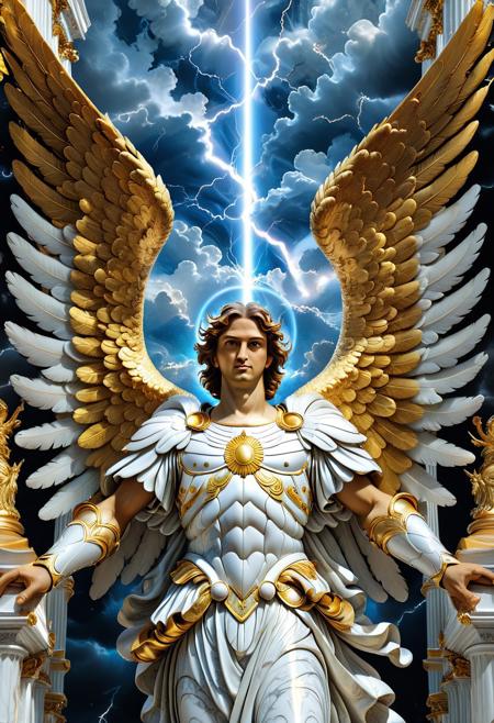 (hyper-detailed close-up:1.4), (archangel with six fractured wings:1.3), feathers half-burned/half-pristine, glowing cracks in pearl, eyes like molten gold, flowing robes, floating in a stormy heaven, lightning illuminating celestial armor, (background: crumbling pillars of paradise), (style: Caravaggio meets Final Fantasy), extream close-up, Liquid Marble