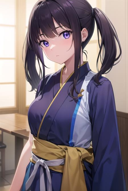 takinainoue, <lora:takinainoue-lora-nochekaiser:1>, 
inoue takina, long hair, bangs, twintails, black hair, (purple eyes:1.2),
BREAK japanese clothes, kimono, apron, waist apron, blue kimono, waitress,
BREAK indoors, cafe,
BREAK looking at viewer, (cowboy shot:1.5),
BREAK <lyco:GoodHands-beta2:1>, (masterpiece:1.2), best quality, high resolution, unity 8k wallpaper, (illustration:0.8), (beautiful detailed eyes:1.6), extremely detailed face, perfect lighting, extremely detailed CG, (perfect hands, perfect anatomy),