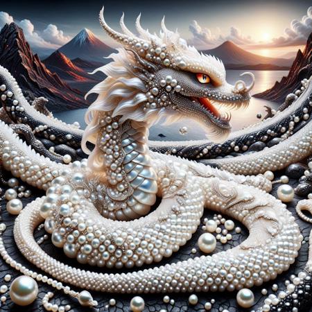 lazympos, depth of field, hyperrealistic, masterpiece, Intricate Design, Pearlum,
snake / dragon hybrid made of pearls, volcanic scenery