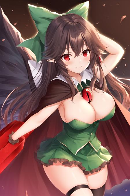 masterpiece, best quality, highres, solo, {reiuji_utsuho_touhou:1.10}, bow, long_hair, hair_bow, green_bow, wings, red_eyes, third_eye, black_wings, black_hair, cape, arm_cannon, brown_hair, smile, breasts