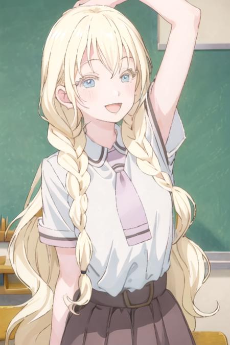 best quality, masterpiece, highres, solo, {olivia_asobiasobase:1.15}, blonde_hair, long_hair, blue_eyes, necktie, indoors, 1girl, :d, braid, open_mouth, school_uniform, shirt, short_sleeves, smile, twin_braids, upper_body, blush, looking_at_viewer, arm_up