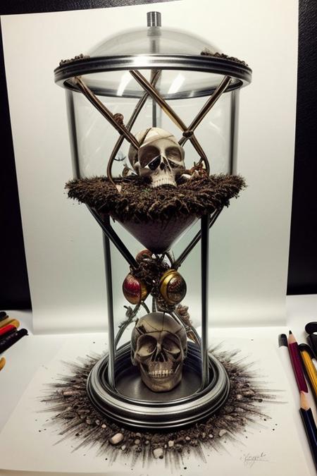 In the foreground: Skull:: DNA:: hourglass, in the background: roots:: wall: chains:: hyper detailed, beautifully color, insane detail, macabre, Ink style, pencil drawing, hyper realistic, spraypaint urban hiphop style, Post Processing, Post-Production, insanely detailed, hypermaximalist, elegant, hyper realistic, super detailed, photography, 64k, HDR
