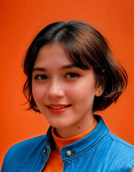 analog film photo solo, gstyle, realistic, ((woman)), (((black hair))), (((happy512))), (((Printed jumpsuit, denim jacket, and block heels.))), ((Simple Light Orange background:1.5)), ((dynamic pose)), high detailed, 8k, clear facial features, <lora:PAseer-SD15-LCM Quick:1> <lora:ReaLora:.2> skin <lora:GStyle_-_Photography_Style:.4> <lora:IDI_-_Jessica_Veranda:1> jesvera . faded film, desaturated, 35mm photo, grainy, vignette, vintage, Kodachrome, Lomography, stained, highly detailed, found footage