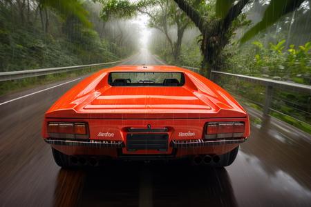 analog gloomy photo of a red Pantera car,  <lora:p4nt3r4:1>, tinted glass, driving through the jungle (at night), ((heavy rain)), ((nighttime)), helicopter spotlight, police chase, High Detail, Sharp focus, (photorealism), realistic, best quality, 8k, award winning, dramatic lighting, epic, cinematic, masterpiece, rim light, ambient fog:1.2, summertime, heat distortion, black birds, epic, dutch angle, wide angle lens,