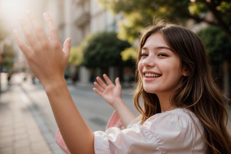 photo of a 18 year old girl,high five,happy,laughing,ray tracing,detail shadow,shot on Fujifilm X-T4,85mm f1.2,sharp focus,depth of field,blurry background,bokeh,lens flare,motion blur,<lora:add_detail:1>,