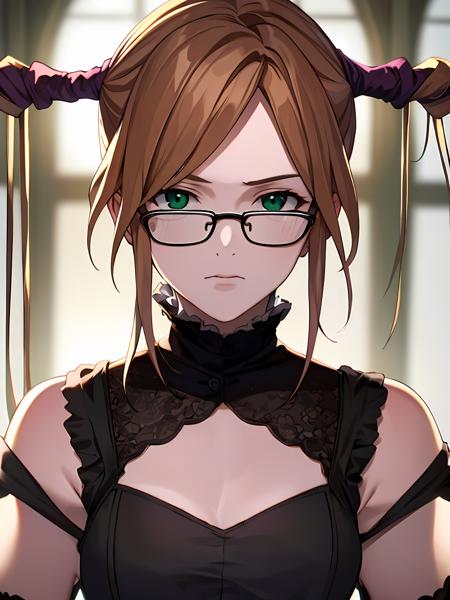 (exceptional, best aesthetic, new, newest, best quality, masterpiece, extremely detailed), 1girl, solo, looking_at_viewer, robinsena, twintails, black_dress, glasses, close-up, serious, indoors