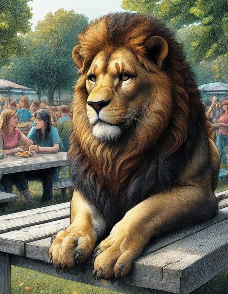 a majestic lion sits alert on a picnic table in a city park watching people