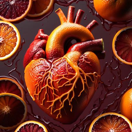 Human heart blood orange style, liquid running from it, detailed, high quality, vibrant colors