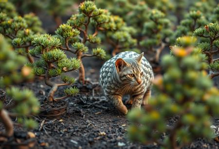 pangolin cat walking through a forest of tiny bonsai trees that are all spaced apart as though they were full sized trees