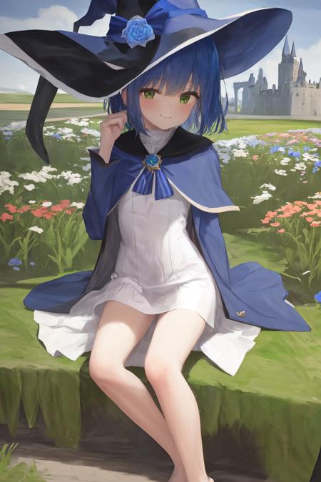 masterpiece, best quality, sharon, 1girl, witch hat, blue hair, short hair, green eys, full body, sharon, 1girl, witch hat, blue hat, blue robe, smile, one eye open, blue hair, short hair, brooch, flower hat decoration, blue ribbon, small dress, white dress, blue bow, green eyes, outdoors, sitting on bench, bare legs, castle, brooch, flower fields, nervous,