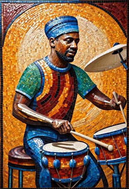 Expressive, multicolored mosaic of the drummer with meticulous detailing 3d and a lustrous finish --ar 7:4
