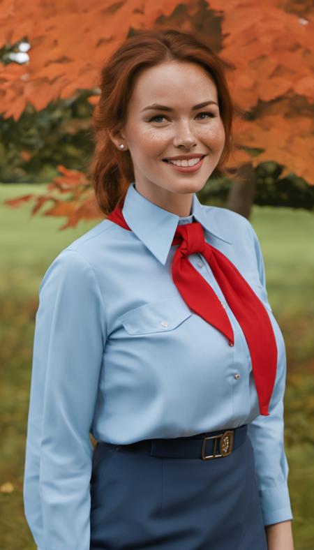 professional detailed upper body close-up photo of smiling adult attractive petite freckled curvy actress with hair up, wearing school uniform, pionyrs deep light blue 70s dagger collar shirt with pionyrs bright red neckerchief, pionyrs short deep dark blue skirt with pionyrs sash with silver buckle, in a park, late autumn afternoon