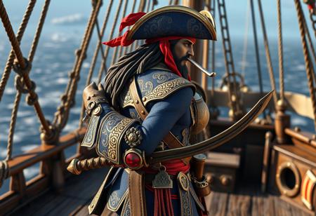 Detailed digital art of a handcrafted pirate , blue and gold intricate attire, red bandana, holding white pipe and brown sword with red gem. Standing on a weathered ship deck, facing right in a dynamic ready pose. Stunning colors, sharp lines, impeccable composition, creative angle, captivating lighting. Octane Render, Unreal Engine 5, 4K, high-res, exceptional quality. Trending on Artstation, CGSociety, Golden Ratio.
