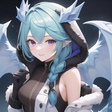 (masterpiece, best quality:1.2),illustration,8k,hd,1girl,solo,upper body,(portrait:1.2),fur trim,tail,dragon tail,horns,purple eyes,dragon girl,dragon horns,wings,gloves,pantyhose,white dress,dress,looking at viewer,dragon wings,coat,braid,blue hair,black gloves,hooded coat,boots,hood down,smile,ice,long hair,bangs,sleeveless,single braid,fur-trimmed coat,open coat,blue wings,fur-trimmed hood,hood,bare shoulders,black pantyhose,hair over shoulder,fur-trimmed boots,<lora:Shefi(pri)>,