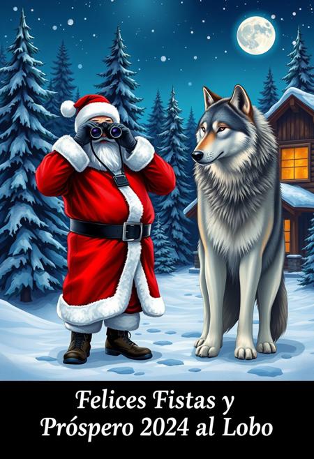 A photorealistic Realistic image. In the center, Santa Claus, dressed in his traditional red suit with white trim, is standing looking through binoculars and has a good telephoto camera hanging,around his neck.
. To his right, a large, furry, gray and white wolf leans forward and also looks at his paw prints. The background is a snowy forest scene with tall snow-covered evergreen trees and a cozy wooden cabin with a lighted window visible through the trees. The sky is a deep blue with a full moon and stars, and snowflakes are falling gently.. The text at the bottom says "Felices Fiestas y Próspero 2024 al Lobo ." The illustration is detailed and vibrant, capturing the festive spirit of the Christmas season.