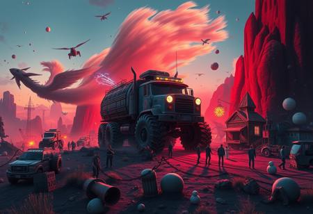 "Ilya Kuvshinov" style.
Visually absurdly cluttered fantasy landscape.
"Monster Truck America".
Lot's of wind and magical lights scattered everywhere.
Dusk.
Long shadows.
By "Simon Stalenhag".
Life-like details.
Cinematic. 
Dramatic. 
Dynamic. 
Extremely refined lines and and shapes.
Extremely refined details on objects.
Sharp details.
Wide range of colors.
Many details everywhere. Ray-Tracing. Anti-Aliasing. Realistic soft shadows. Low saturation colors. Insane quality. Insane resolution. Insane details. Masterpiece. 32k resolution.
