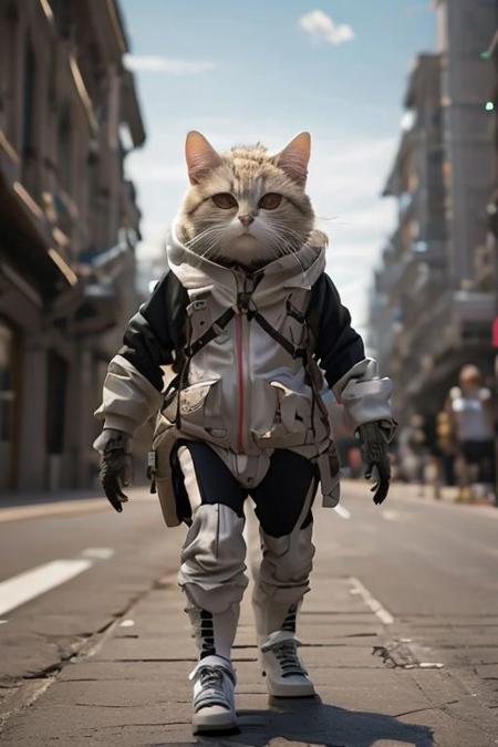 a woman's head, on a cat's body, running down a street, with a plane on her back