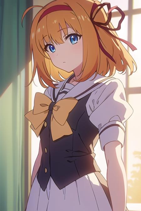 kaedefuyou, <lora:kaedefuyoutest:1>,
kaede fuyou, short hair, orange hair, hair ribbon, hairband, blue eyes,
BREAK skirt, bow, ribbon, school uniform, short sleeves, pleated skirt, serafuku, socks, puffy sleeves, bowtie, puffy short sleeves, black socks, yellow bow, yellow bowtie,
BREAK looking at viewer,
BREAK indoors, classroom, 
BREAK <lora:GoodHands-vanilla:1>, (masterpiece:1.2), best quality, high resolution, unity 8k wallpaper, (illustration:0.8), (beautiful detailed eyes:1.6), extremely detailed face, perfect lighting, extremely detailed CG, (perfect hands, perfect anatomy),