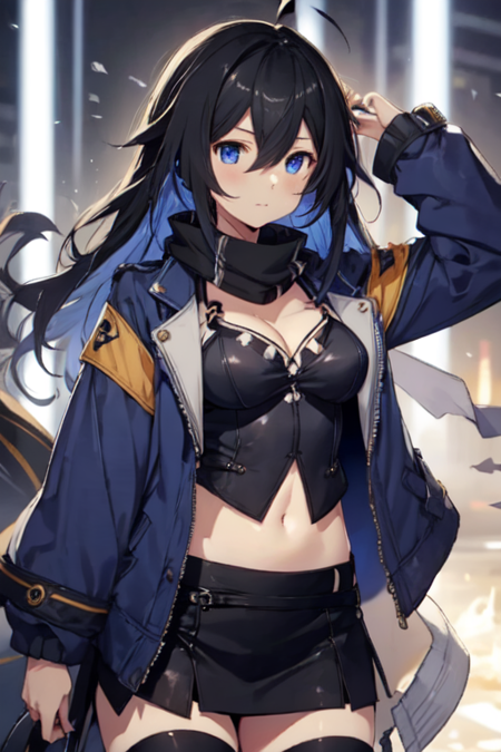 SeeleGGZ, 1girl, solo, blue eyes, medium breasts, navel, long hair, black hair, blue hair, scarf, ahoge, black skirt, thighhighs, cleavage, two-tone hair, hair between eyes, long sleeves, open clothes, miniskirt, midriff, chest tattoo, blue jacket, 