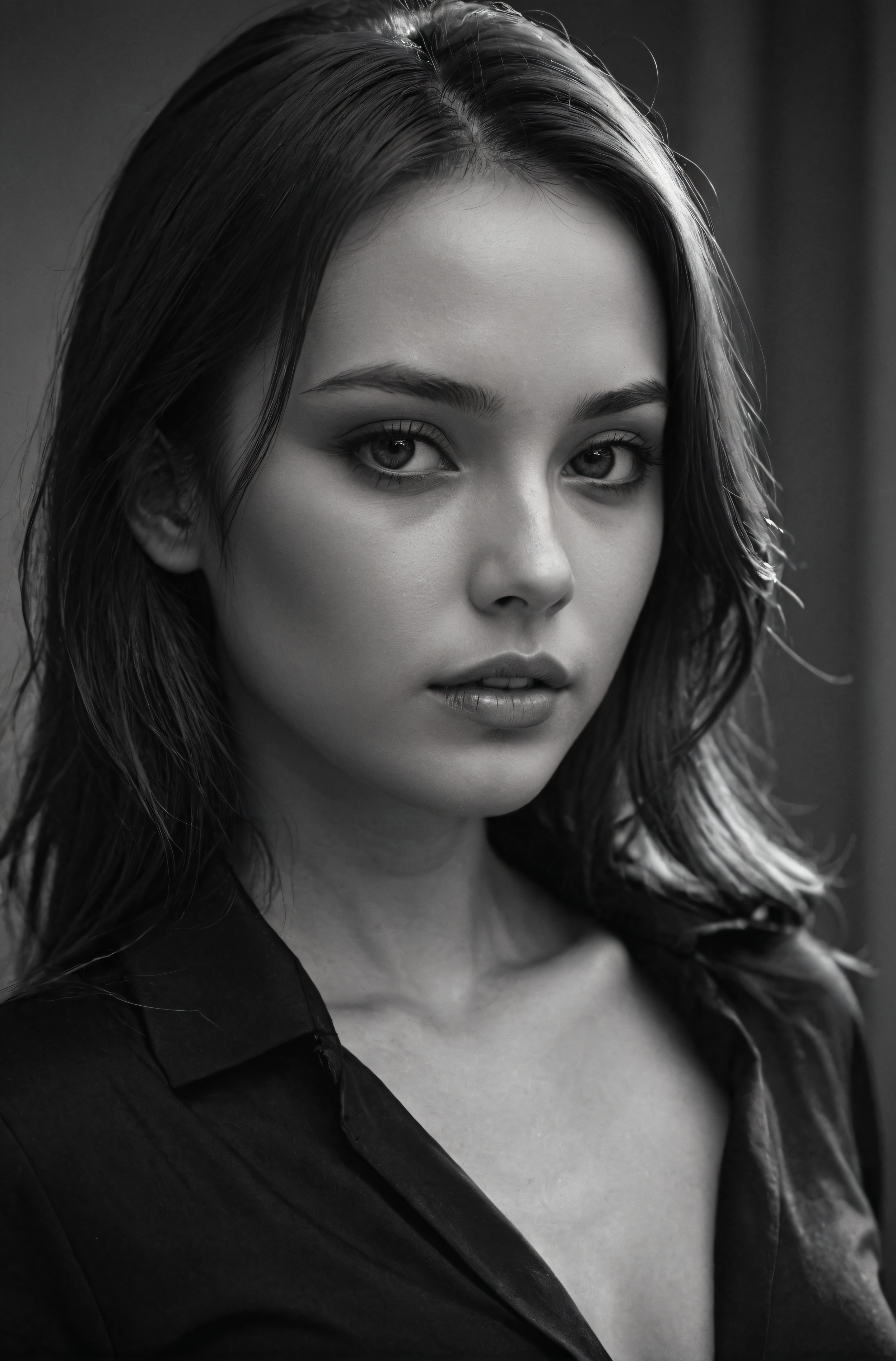 1girl, beautiful, smooth skin, greyscale, noir, close-up, black clothes