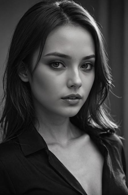 1girl, beautiful, smooth skin, greyscale, noir, close-up, black clothes