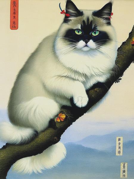 <lyco:OharaKoson:1.0> Lovely Birman Cat painting by Ohara Koson