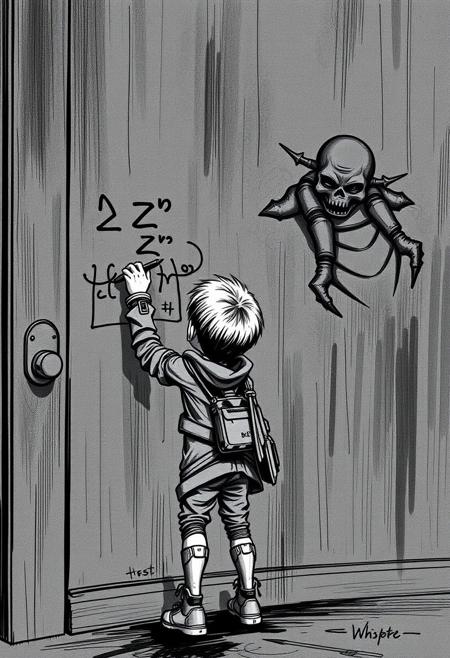 A boy secretly sketching on the wall while his parents are distracted, his cartoonish outline blending into an elegant, moody background reminiscent of a Whistler painting. The mix of humor and refined artistry makes the scene both lighthearted and sophisticated.
dark fantasy, high-contrast, intense chiaroscuro, dynamic compositions, cybernetic warriors, baroque engraving details, dystopian aesthetics, intricate linework, grim and dramatic atmosphere, heavy shadows, surreal grotesque elements, futuristic armor, mythological themes, otherworldly creatures, expressive movement, gritty textures, black ink style, mechanical augmentation, gothic energy, battle-ready figures, otherworldly warfare