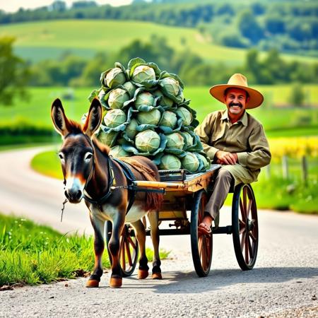Create a realistic photo of Italy's pastoral landscape. Green fields and trees are visible against the background, creating an idyllic atmosphere. On the road there is a cart pulled by a cute little donkey that looks friendly and peaceful. There is a mountain of fresh cabbage on the cart, and next to it sits a man in rustic clothes and a big hat, who looks at the viewer with a smile. It is important that all the elements of the image look natural and harmonious, conveying the atmosphere of tranquility and comfort of the Italian countryside.
