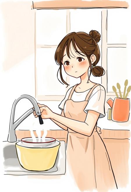 a 20yo girl washing dishes, doodle, warm color palette, natural lighting
