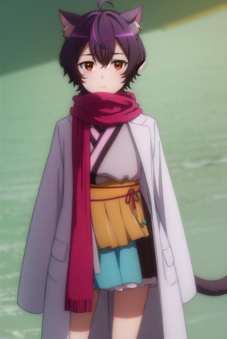 origacalmeria, <lora:origa calmeria s2-lora-nochekaiser:1>,
origa calmeria, short hair, purple hair, animal ears, (brown eyes:1.5), ahoge, cat ears, cat girl,
BREAK tail, japanese clothes, scarf, cat tail, sleeves past wrists, sleeves past fingers, labcoat, bandaged leg,
BREAK indoors,
BREAK looking at viewer, (cowboy shot:1.5),
BREAK <lyco:GoodHands-beta2:1>, (masterpiece:1.2), best quality, high resolution, unity 8k wallpaper, (illustration:0.8), (beautiful detailed eyes:1.6), extremely detailed face, perfect lighting, extremely detailed CG, (perfect hands, perfect anatomy),